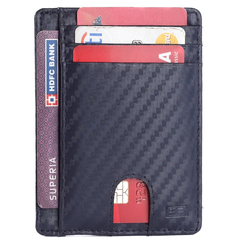 Travelambo Front Pocket Minimalist Leather Slim Wallet RFID Blocking Medium Size carbon fiber texture navy blue 