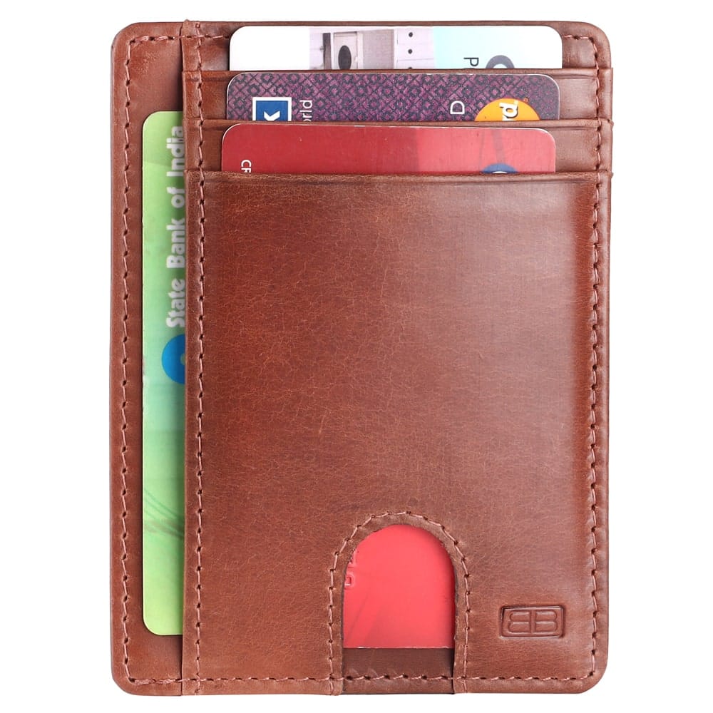 RFID Blocking Zipper Small Card Cases Holder for Men Women Gift Silm Cards Purse（Brown） Genuine Leather Credit Card Wallet with Coin 