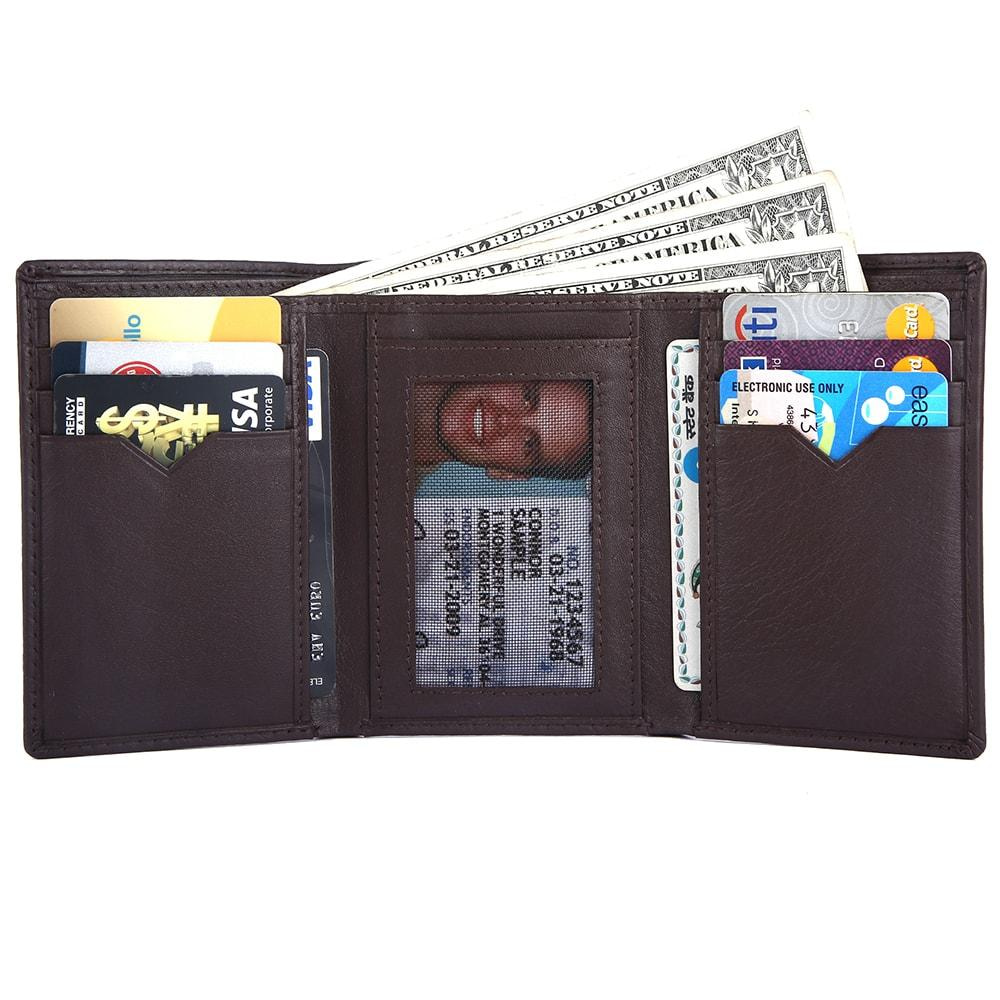 RFID Blocking Trifold Genuine Leather Wallet For Men With ID Window | Dark Brown