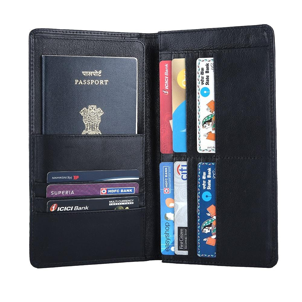 RFID Blocking Bifold Genuine Leather Passport Wallet With Nine Card Slots For Both Men And Women | Black