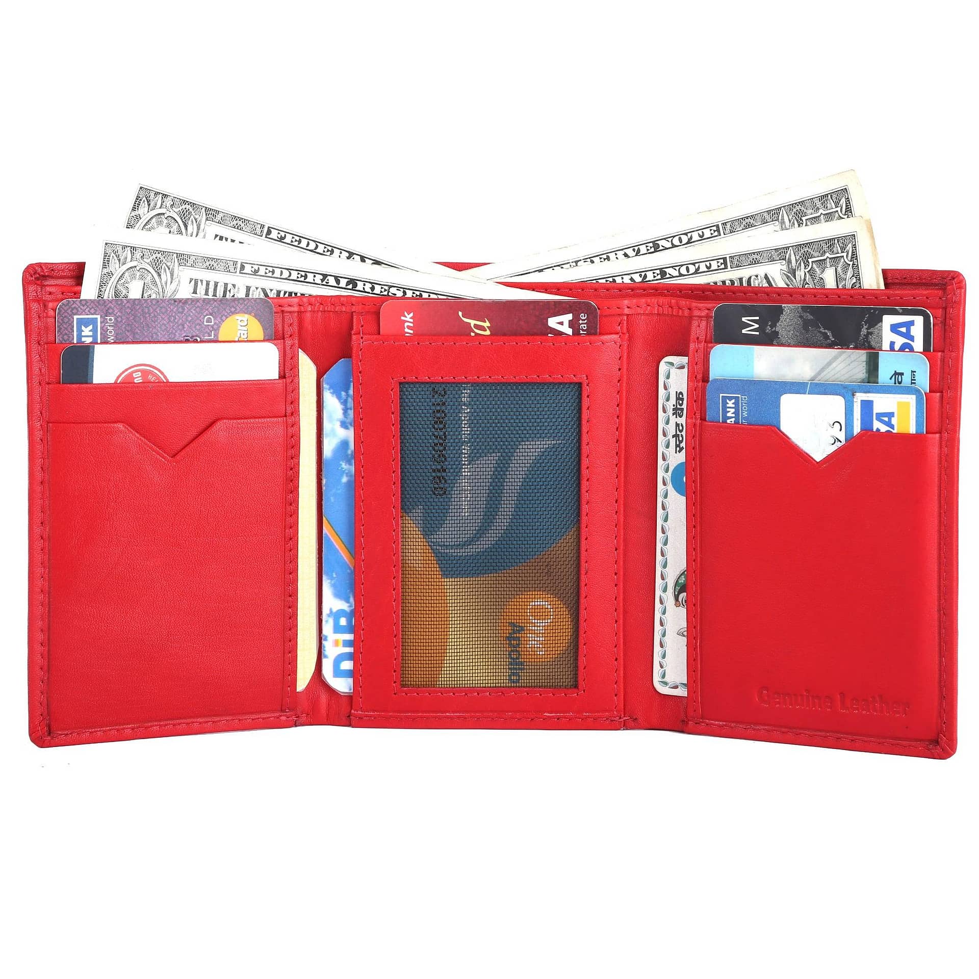 RFID Blocking Trifold Genuine Leather Wallet For Men And Women With ID Window | Tomato Red