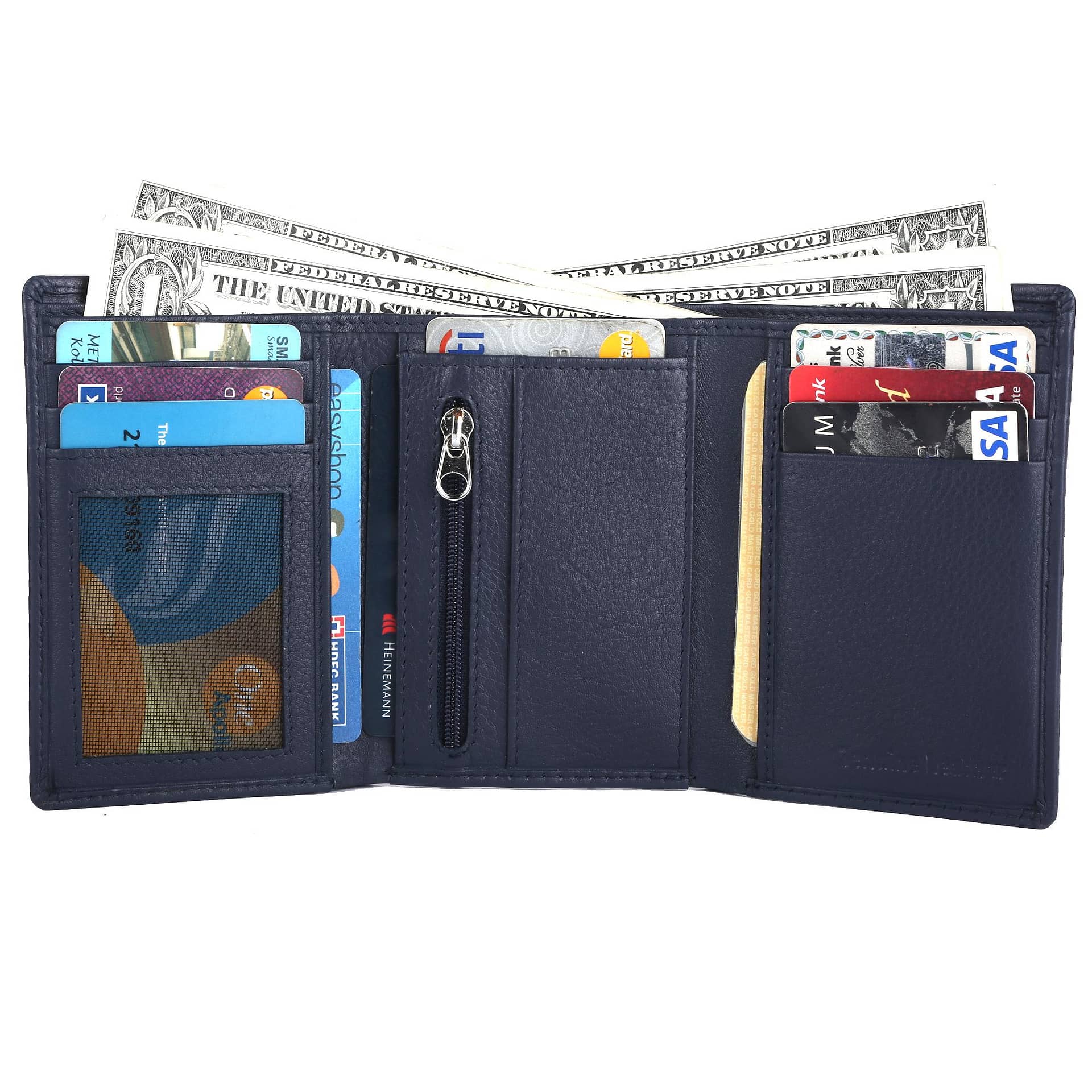 RFID Blocking Trifold Genuine Leather Wallet For Men And Women With ID Window | Navy Blue