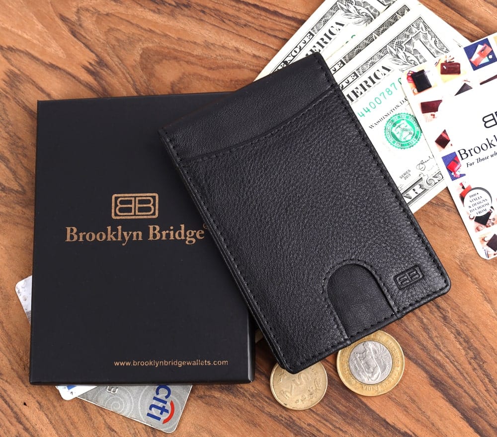 Brooklyn Bridge Genuine Leather Money Clip Front Pocket Wallet Slim  Minimalist - Credit Card Holder with ID Window for Men Women