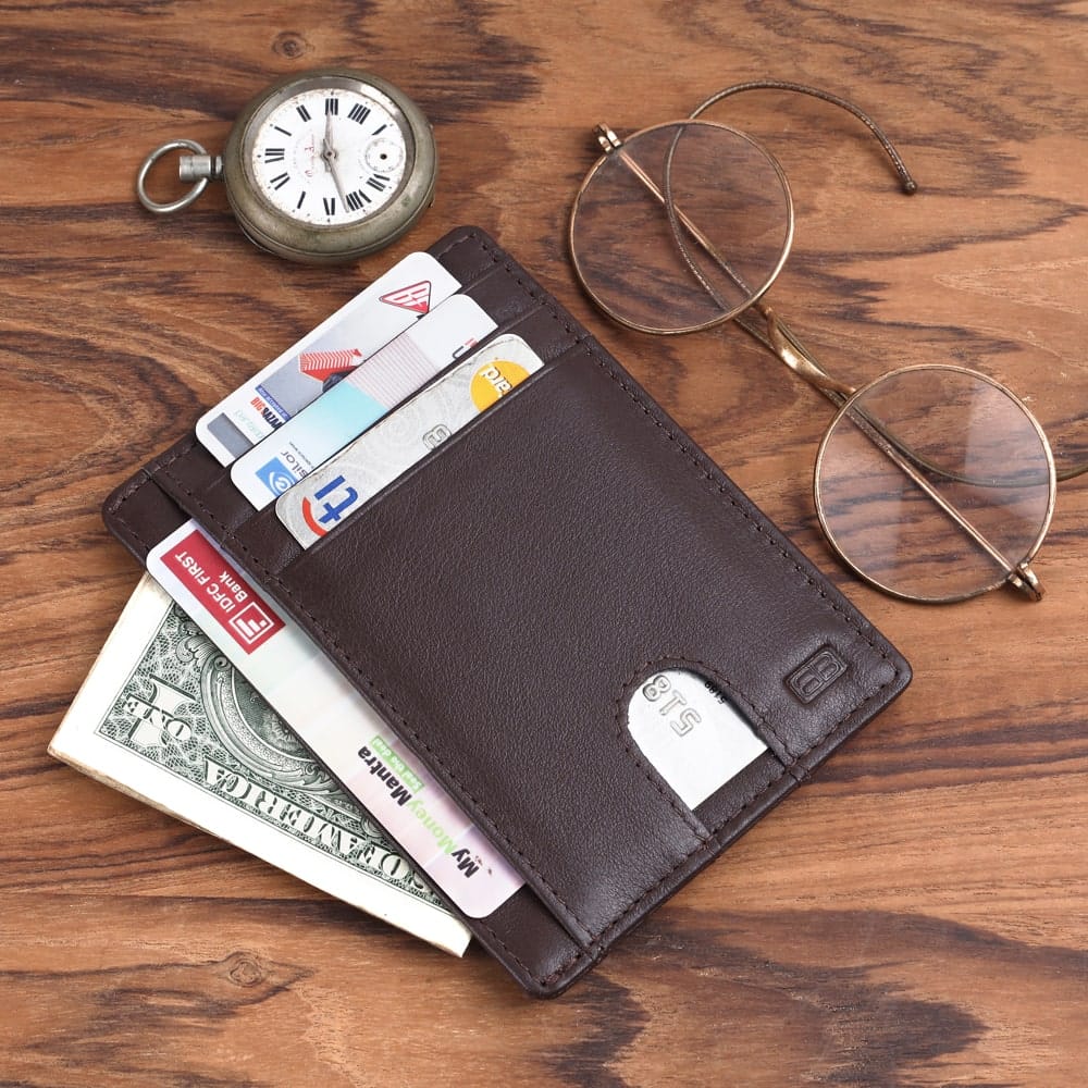Brooklyn Bridge Real Leather Money Clip Front Pocket Wallet Slim Minimalist  - Credit Card Holder with ID Window for Men Women
