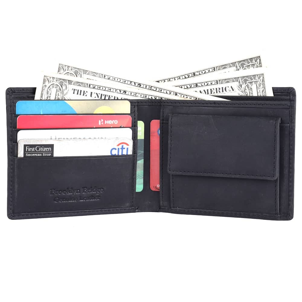Genuine Leather Wallet For Men With Coin Pocket Four ATM Card Slots Two Slip Pockets Two Cash Compartments With RFID Without RFID | CRAZY HORSE BLACK 1